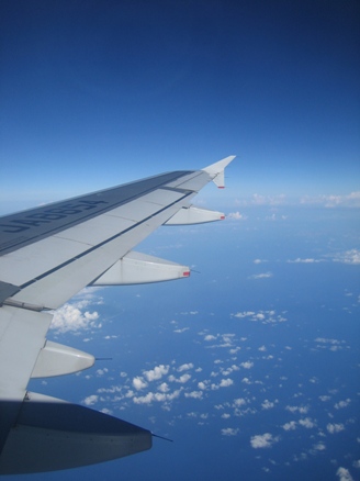 飛行機の窓から眺める沖縄の海